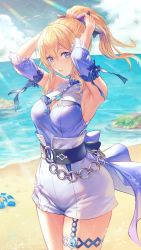Rule 34 | 1girl, anbe yoshirou, armpits, arms up, bare shoulders, beach, belt, black bow, blonde hair, blue eyes, blue sky, bow, breasts, chain, cleavage, cleavage cutout, clothing cutout, commentary request, detached sleeves, genshin impact, hair bow, high-waist shorts, high ponytail, highres, jean (genshin impact), jean (sea breeze dandelion) (genshin impact), large breasts, looking at viewer, outdoors, parted lips, ponytail, rock, sand, shirt tucked in, shore, shorts, sidelocks, sky, smile, solo, thighs, water