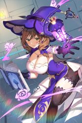 Rule 34 | 1girl, aile (crossroads), black gloves, black thighhighs, book, breasts, brown hair, cleavage, corset, dress, earrings, floating, floating book, floating object, flower, genshin impact, gloves, green eyes, hair between eyes, hair flower, hair ornament, hat, hat flower, highres, jewelry, large breasts, lisa (genshin impact), long hair, looking at viewer, purple corset, purple flower, purple hat, purple rose, rose, signature, solo, standing, standing on one leg, thighhighs, witch, witch hat
