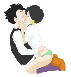 Rule 34 | 1boy, 1girl, ass, black hair, breast press, closed eye, couple, cowgirl position, dragonball z, highres, kiss, legs, panties, sitting, sitting on lap, sitting on person, son gohan, straddling, tomboy, twintails, underwear, videl, wedgie
