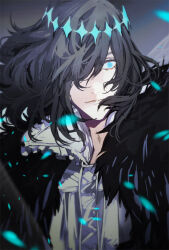 Rule 34 | 1boy, black hair, blue eyes, closed mouth, collared shirt, crown, diamond hairband, expressionless, fate/grand order, fate (series), frilled shirt collar, frills, fur trim, hair over one eye, looking at viewer, male focus, medium hair, oberon (fate), oberon (third ascension) (fate), shirt, solo, spoilers, tsukimura noe, upper body, white shirt, wide-eyed