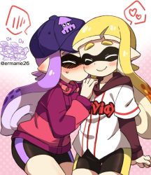 Rule 34 | 2boys, 2girls, ^ ^, arms behind back, baseball cap, bike shorts, black shorts, blonde hair, blunt bangs, blush, closed eyes, closed mouth, cowboy shot, ear blush, eromame, facing another, hand on another&#039;s shoulder, hat, heart, inkling, inkling (language), inkling boy, inkling girl, inkling player character, jacket, kiss, kissing cheek, leaning, leaning forward, long hair, long sleeves, multiple boys, multiple girls, nintendo, nose blush, pointy ears, purple hair, purple hat, shorts, smile, splatoon (series), splatoon 1, spoken blush, spoken heart, standing, suction cups, tentacle hair, thigh gap, track jacket, twitter username, yuri