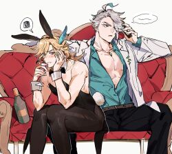 Rule 34 | 2boys, ahoge, alcohol, alhaitham (genshin impact), animal ears, bare shoulders, belt, black bow, black bowtie, black hairband, black leotard, black pants, black pantyhose, blonde hair, blush, bottle, bow, bowtie, brown belt, cellphone, chest jewel, closed mouth, collarbone, commentary, couch, cup, detached collar, drinking glass, english commentary, fake animal ears, feather hair ornament, feathers, frown, gem, genshin impact, green eyes, green gemstone, green hair, green shirt, grey hair, hair between eyes, hair ornament, hairband, hand up, hands up, head rest, highres, holding, holding cup, holding phone, jacket, kaveh (genshin impact), lapels, leotard, long hair, long sleeves, looking at viewer, male focus, male playboy bunny, mmme0709, multicolored hair, multiple boys, on couch, open clothes, open jacket, open mouth, open shirt, pants, pantyhose, parted bangs, pectoral cleavage, pectorals, phone, rabbit ears, red eyes, scar, scar on neck, shirt, short hair, sidelocks, simple background, sitting, smartphone, speech bubble, spoken squiggle, squiggle, strapless, strapless leotard, swept bangs, talking on phone, v-shaped eyebrows, white background, white jacket, wine, wine bottle, wine glass, wing collar, wrist cuffs