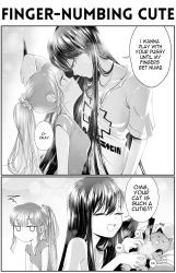 Rule 34 | 2girls, 2koma, :d, animal, bait and switch, band shirt, blush, breasts, cat, closed eyes, closed mouth, comic, commentary, disappointed, english commentary, english text, eye contact, greyscale, grs-, hair ornament, hair scrunchie, height difference, highres, kabedon, long hair, looking at another, merchandise, misunderstanding, monochrome, multiple girls, no mouth, nyan, open mouth, original, petting, ponytail, profile, pun, rammstein (band), right-to-left comic, scrunchie, sharon (grs-), shirt, short sleeves, smile, sparkle, speech bubble, squiggle, talia (grs-), teeth, upper teeth only, you&#039;re doing it wrong, yuri