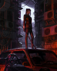 Rule 34 | 1girl, air conditioner, black gloves, black jacket, black pants, blood, blood splatter, car, closed mouth, crowbar, day, earrings, gloves, guweiz, hairband, highres, holding, holding crowbar, jacket, jewelry, long hair, long sleeves, motor vehicle, on vehicle, open clothes, open jacket, original, pants, ponytail, red hairband, sidelocks, solo, standing, stud earrings