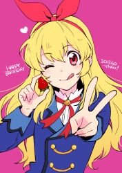 Rule 34 | 1girl, aikatsu!, aikatsu! (series), blonde hair, blue jacket, bow, character name, commentary request, food, fruit, hair bow, hairband, happy birthday, heart, highres, holding, holding food, holding fruit, hoshimiya ichigo, jacket, long hair, long sleeves, looking at viewer, neck ribbon, nonaka nono, one eye closed, pink background, red bow, red eyes, red hairband, red ribbon, ribbon, school uniform, shirt, simple background, smile, solo, starlight academy school uniform, strawberry, tongue, tongue out, upper body, v, white shirt