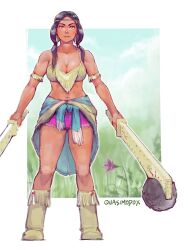 Rule 34 | 1girl, aged up, black hair, boots, braid, breasts, brown eyes, capcom, dark-skinned female, dark skin, highres, large breasts, legs, lily hawk, looking at viewer, midriff, native american, navel, quasimodox, shorts, smile, solo, street fighter, tank top, thighs, toned, traditional media, twin braids, weapon
