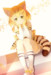 Rule 34 | 10s, 1girl, ancolatte (onikuanco), animal ears, blonde hair, bow, bowtie, cat ears, elbow gloves, gloves, green eyes, hands on own face, highres, kemono friends, kneehighs, looking at viewer, orange bow, orange bowtie, parted lips, sand cat (kemono friends), short hair, sitting, socks, solo, white gloves, white socks