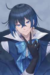 Rule 34 | 1boy, black gloves, black hair, black jacket, blue bow, blue eyes, blue hair, blue vest, bow, closed mouth, collared shirt, commentary request, dress shirt, ear piercing, earrings, gloves, gradient hair, hand up, head tilt, highres, jacket, jewelry, male focus, multicolored hair, open clothes, open jacket, piercing, seungju lee, shirt, smile, solo, striped, striped bow, upper body, vanitas (vanitas no carte), vanitas no carte, vest, white shirt
