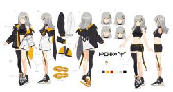Rule 34 | 1girl, :d, bandaid, bandaid on face, bandaid on nose, bare arms, bare shoulders, belt, black shirt, black shorts, black thighhighs, breasts, character name, character sheet, color guide, crop top, full body, grey hair, hachi (live union), hair ornament, highres, honeycomb (pattern), izumi sai, jacket, live union, long hair, long sleeves, medium breasts, midriff, mole, mole under eye, multicolored clothes, multicolored jacket, multiple views, navel, off shoulder, open clothes, open jacket, open mouth, orange eyes, puffy sleeves, shirt, shoes, short shorts, shorts, single thighhigh, sleeveless, sleeveless shirt, smile, sneakers, stomach, thighhighs, thighs, two-tone jacket, virtual youtuber, white background