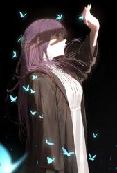 Rule 34 | 1girl, absurdres, black background, black coat, blue butterfly, breasts, bug, butterfly, closed mouth, coat, commentary, covering face, cowboy shot, dress, english commentary, erotipop, expressionless, fern (sousou no frieren), floating hair, hair ornament, hair over shoulder, hand up, highres, insect, large breasts, long coat, long hair, long sleeves, looking up, parted bangs, purple eyes, purple hair, shade, shaded face, sidelocks, solo, sousou no frieren, very long hair, white dress, wide sleeves