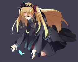 Rule 34 | 1girl, black coat, blonde hair, bow, chain, coat, diadem, echo (circa), ereshkigal (fate), ereshkigal (third ascension) (fate), fate/grand order, fate (series), floating hair, full body, grey background, hair bow, kneeling, long hair, looking down, outstretched arms, red bow, red eyes, simple background, smile, solo, very long hair