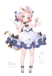 Rule 34 | 1girl, adelie cat, animal ears, bare shoulders, black bow, blue bow, bow, cat ears, cat girl, cat tail, detached collar, diona (genshin impact), dress, genshin impact, green eyes, hair bow, hat, highres, holding, holding instrument, instrument, pink hair, simple background, sleeveless, sleeveless dress, solo, tail, triangle (instrument), white background, white bow, white hat