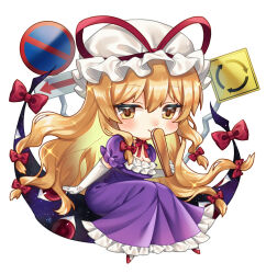 Rule 34 | 1girl, blonde hair, blush, bow, breasts, chibi, cleavage, closed mouth, dress, elbow gloves, folded fan, folding fan, frilled dress, frilled sleeves, frills, gap (touhou), gloves, hair between eyes, hair bow, hand fan, hat, hat ribbon, holding, holding fan, kirisita, long hair, medium breasts, mob cap, purple dress, red bow, red footwear, red ribbon, ribbon, road sign, shoes, short sleeves, sidelocks, sign, simple background, smile, solo, touhou, white background, white gloves, white hat, yakumo yukari, yellow background