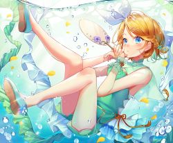 Rule 34 | 1girl, air bubble, alternate costume, alternate hairstyle, bare shoulders, blonde hair, blue eyes, blurry, braid, bubble, china dress, chinese clothes, dress, flats, flower, frills, full body, green dress, green flower, hair flower, hair ornament, hair ribbon, half updo, hand fan, highres, holding, holding fan, ion (on01e), kagamine rin, looking at viewer, nail polish, own hands together, paper fan, parted lips, petals, purple flower, ribbon, short dress, short hair, side braid, single braid, sleeveless, sleeveless dress, solo, submerged, swept bangs, tail, uchiwa, underwater, vocaloid, water, wrist cuffs, yellow nails