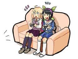 2girls ahoge akamatsu_kaede bell black_footwear black_hair black_socks blonde_hair blue_serafuku blue_shirt blue_skirt blunt_bangs blush_stickers bow bowtie bright_pupils brown_footwear buttons chabashira_tenko choker collared_shirt commentary controller couch crest danganronpa_(series) danganronpa_v3:_killing_harmony determined english_commentary fettuchi full_body game_controller green_bow green_eyes hair_bow hairband holding holding_controller holding_game_controller kneehighs long_hair long_sleeves low_twintails midriff miniskirt mole mole_under_mouth multiple_girls neck_bell necktie notice_lines on_couch open_mouth orange_necktie pink_choker pink_hairband playing_games pleated_skirt purple_eyes purple_skirt purple_vest sailor_collar sandals school_uniform serafuku shadow shirt shoes simple_background sitting skirt smile socks sweatdrop tabi teeth twintails upper_teeth_only v-neck very_long_hair vest wavy_mouth white_background white_bow white_bowtie white_pupils white_sailor_collar white_shirt white_sleeve_cuffs white_socks wide-eyed