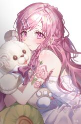 Rule 34 | 1girl, armlet, artist name, bare shoulders, breasts, closed mouth, commentary, dress, flower, highres, holding, holding stuffed toy, leaf, light blush, long hair, looking at viewer, official alternate costume, official alternate hair length, official alternate hairstyle, ootori emu, pink eyes, pink hair, por ( por tt), project sekai, rose, small breasts, solo, stuffed animal, stuffed toy, symbol-only commentary, teddy bear, tonari ni tatsu yasashii anata e (project sekai), upper body, wedding dress, white dress