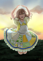 Rule 34 | 1girl, absurdres, artist name, artist request, back bow, blue sky, blurry, blush, bow, breasts, brown eyes, brown hair, checkered clothes, checkered skirt, cloud, collarbone, collared shirt, curly hair, day, depth of field, female focus, flower, flower bracelet, flower print, goodnight everyone!, grass, hair between eyes, hair bow, hands over head, highres, kunikida hanamaru, light brown hair, long hair, looking at viewer, love live!, love live! school idol festival, love live! sunshine!!, matching hair/eyes, medium breasts, multicolored clothes, multicolored skirt, one eye closed, orange sky, outdoors, oyasumina-san!, parted lips, polka dot, polka dot skirt, puffy short sleeves, puffy sleeves, shirt, short sleeves, skirt, sky, smile, solo, star (symbol), star print, striped clothes, striped skirt, sunset, vertical-striped clothes, vertical-striped skirt, white bow, yellow eyes, yellow flower, yellow shirt