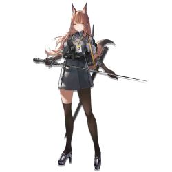 Rule 34 | 1girl, animal ears, arknights, asymmetrical legwear, black footwear, breasts, brown eyes, brown gloves, brown hair, brown thighhighs, buckle, collared shirt, combat knife, fox ears, fox tail, franka (arknights), full body, gloves, grey shirt, grey skirt, high-waist skirt, high heels, holding, holding sword, holding weapon, knife, large breasts, long hair, looking at viewer, name tag, official art, radio antenna, rapier, renatus.z, sheath, shirt, sidelocks, single leg pantyhose, single thighhigh, skirt, snap-fit buckle, solo, sword, tail, thighhighs, transparent background, uneven legwear, weapon