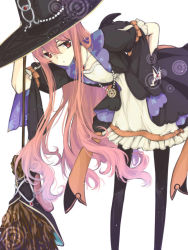 Rule 34 | 10s, 1girl, :/, akamamesoramame, atelier (series), atelier escha &amp; logy, black gloves, black pantyhose, bow, bridal gauntlets, broom, dress, expressionless, female focus, frills, gloves, hand on own hip, hat, ijiro suika, jewelry, leaning forward, long hair, necklace, pantyhose, pentacle, pink hair, red eyes, solo, star (symbol), star print, very long hair, white background, wilbell voll-ersleid, witch hat