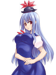 Rule 34 | 1girl, blue dress, blue hair, breasts, cowboy shot, dress, eyebrows, female focus, hat, kamishirasawa keine, large breasts, long hair, looking at viewer, oohira sansetto, oohira sunset, puffy short sleeves, puffy sleeves, red eyes, short sleeves, simple background, solo, standing, touhou, white background