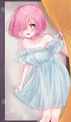 Rule 34 | 1girl, alternate costume, bare shoulders, blue dress, blush, breasts, casual, clothes lift, collarbone, commentary request, curtain grab, curtains, dress, fate/grand order, fate (series), frilled dress, frills, hair over one eye, harukappa, highres, indoors, looking at viewer, mash kyrielight, medium breasts, one eye covered, open mouth, pink hair, purple eyes, short hair, skirt, skirt hold, skirt lift, sleeveless, sleeveless dress, smile, solo, strapless, strapless dress