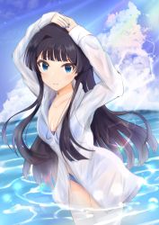 Rule 34 | 1girl, arms up, bikini, black hair, blue bikini, blue eyes, blue nails, blue sky, breasts, cardigan, cleavage, closed mouth, cloud, collarbone, cowboy shot, day, floating hair, hair intakes, highres, hood, hood down, hooded cardigan, idolmaster, idolmaster million live!, long hair, looking at viewer, medium breasts, mogami shizuka, nail polish, ocean, open cardigan, open clothes, outdoors, sky, so korokoro, solo, standing, sunlight, swimsuit, very long hair, wading, white cardigan