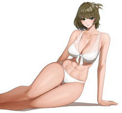 Rule 34 | 1girl, abs, arm support, bare legs, bikini, breasts, cleavage, collarbone, feet out of frame, folded ponytail, gluteal fold, green hair, heterochromia, highres, idolmaster, idolmaster cinderella girls, large breasts, looking at viewer, mole, mole under eye, navel, senju (snz0), simple background, sitting, smile, solo, stomach, swimsuit, takagaki kaede, thigh gap, white background, white bikini, yokozuwari