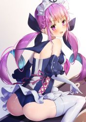 Rule 34 | 1girl, anchor symbol, ass, azur lane, blush, breasts, colored inner hair, commentary, detached sleeves, drill hair, from behind, hair ribbon, highres, hololive, looking at viewer, maid headdress, minato aqua, multicolored hair, open mouth, purple eyes, purple hair, ribbon, simple background, sitting, smile, solo, swimsuit, thighhighs, twin drills, twintails, virtual youtuber, wakamore (getguacamole), white background, white thighhighs