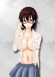 Rule 34 | blue skirt, breasts, brown eyes, brown hair, collarbone, commentary request, graphite (medium), highres, k-on!, large breasts, manabe nodoka, open clothes, open shirt, red-framed eyewear, samuraichamp, semi-rimless eyewear, shirt, skirt, solo, traditional media, wet, wet clothes, wet shirt, wet skirt, white shirt
