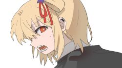 Rule 34 | 1girl, black jacket, blonde hair, bright pupils, chinese commentary, collared shirt, commentary request, hair ribbon, highres, jacket, long sleeves, looking at viewer, lycoris recoil, medium hair, nishikigi chisato, one side up, open mouth, orange eyes, portrait, red ribbon, ribbon, school uniform, shirt, simple background, solo, sweatdrop, white background, white pupils, white shirt, yanlingjinshilihuahua