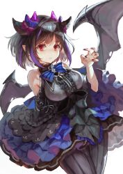 Rule 34 | 1girl, absurdres, bare shoulders, black bow, black dress, black hair, black pantyhose, blue bow, blue bowtie, bow, bowtie, breasts, claw pose, clothing cutout, cowboy shot, demon girl, demon horns, demon wings, dress, fingernails, frilled dress, frills, gothic lolita, hand up, highres, horns, large breasts, lolita fashion, long sleeves, looking at viewer, multicolored hair, nail polish, okuma mai, original, pantyhose, parted lips, pointy ears, purple hair, purple nails, red eyes, short hair, shoulder cutout, sidelocks, simple background, solo, standing, streaked hair, striped clothes, striped pantyhose, torn wings, vertical-striped clothes, vertical-striped pantyhose, white background, wings