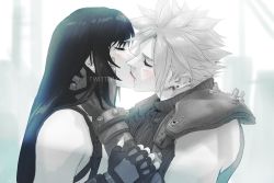 Rule 34 | 1boy, 1girl, armor, bare shoulders, black hair, blush, closed eyes, cloud strife, couple, earrings, final fantasy, final fantasy vii, final fantasy vii remake, fingerless gloves, gloves, hand on another&#039;s arm, hands on another&#039;s face, highres, jewelry, kiss, long hair, red lips, shoulder armor, sleeveless, sleeveless turtleneck, spiked hair, spykeee, square enix, suspenders, tank top, tifa lockhart, turtleneck, twitter username, upper body, watermark