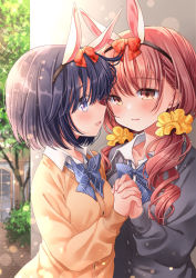 Rule 34 | 2girls, animal ears, blue bow, blue eyes, blush, bow, brown eyes, bush, cardigan, eye contact, fake animal ears, holding hands, kawanobe, long hair, long sleeves, looking at another, low twintails, multiple girls, original, rabbit ears, red bow, school uniform, scrunchie, short hair, standing, striped, striped bow, tree, twintails, uniform, yellow scrunchie, yuri