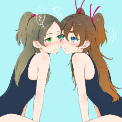 Rule 34 | 2girls, blue background, blue eyes, blush, brown hair, cheek-to-cheek, closed mouth, green eyes, hair between eyes, hair ribbon, heads together, houjou hibiki, long hair, looking at another, minamino kanade, multiple girls, one-piece swimsuit, precure, red ribbon, ribbon, sakura kotetsu, simple background, suite precure, swimsuit, wavy mouth, yuri
