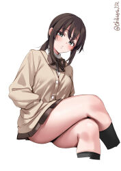 Rule 34 | 1girl, black socks, blush, breasts, brown cardigan, brown skirt, cardigan, collared shirt, cropped legs, dress shirt, ebifurya, feet out of frame, fubuki (kancolle), grey eyes, hand in pocket, highres, invisible chair, kantai collection, long hair, long sleeves, looking at viewer, one-hour drawing challenge, parted lips, pleated skirt, shirt, sidelocks, simple background, sitting, skirt, small breasts, socks, solo, thighs, twitter username, white background, white shirt
