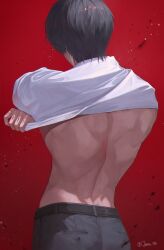 1boy back belt black_hair black_pants clothes_lift finger_tattoo highres jaeun_38 looking_back male_focus nagumo_(sakamoto_days) open_clothes open_shirt pants red_background sakamoto_days shirt_lift short_hair solo tattoo undressing