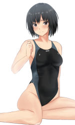 Rule 34 | 1girl, amagami, black eyes, black hair, black one-piece swimsuit, bob cut, breasts, competition swimsuit, covered navel, highres, japanese clothes, kimono, looking at viewer, nanasaki ai, one-piece swimsuit, short hair, simple background, small breasts, smile, solo, swimsuit, two-tone swimsuit, white background, yoo tenchi, yukata