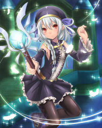 Rule 34 | 1girl, bad id, bad pixiv id, black pantyhose, blue ribbon, braid, detached sleeves, falkyrie no monshou, feathers, hat, highres, holding, long hair, looking at viewer, miyamae porin, pantyhose, red eyes, ribbon, silver hair, solo, white feathers