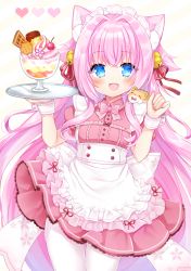 Rule 34 | 1girl, :d, animal ear fluff, animal ears, apron, bell, blue eyes, blush, cat ears, cherry, collared dress, commentary request, commission, dress, fang, food, frilled apron, frills, fruit, hair bell, hair between eyes, hair ornament, hair ribbon, hands up, highres, holding, holding tray, jingle bell, long hair, looking at viewer, open mouth, original, pantyhose, pink dress, pink hair, pleated dress, pudding, red ribbon, ribbon, shikito (yawa0w0), skeb commission, smile, solo, tray, very long hair, waffle, white apron, white pantyhose, wrist cuffs