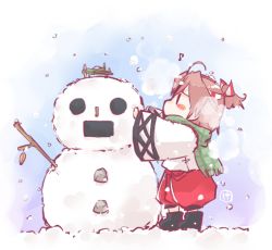 Rule 34 | 10s, 1girl, ahoge, aircraft, black footwear, blush, boots, brown hair, child, green scarf, hachimaki, headband, high ponytail, japanese clothes, kantai collection, kenoka, light brown hair, long sleeves, musical note, ponytail, scarf, short hair, snow, snowing, snowman, solo, stick, wide sleeves, winter, aged down, zuihou (kancolle)