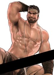 Rule 34 | 1boy, abs, arm hair, armpit hair, armpits, bar censor, bara, beard, beckoning, blank censor, censored, chest hair, dopey (dopq), facial hair, feet out of frame, forehead protector, headband, highres, jewelry, large pectorals, looking at viewer, male focus, male pubic hair, manly, mature male, muscular, muscular male, mustache, navel, necklace, nipples, original, paid reward available, pants, pectorals, presenting, presenting armpit, pubic hair, seductive smile, short hair, sideburns, smile, solo, spread legs, stomach, testicles, thick eyebrows, thick thighs, thighs, topless male, torn clothes, torn pants, wrist wrap