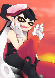 Rule 34 | + +, 1girl, :d, blush, brown eyes, callie (splatoon), detached collar, earrings, eyebrows, fangs, gloves, gradient background, hand on own cheek, hand on own face, inkling, jewelry, long hair, looking at viewer, mole, mole under eye, nigo (aozoragarou), nintendo, ok sign, open mouth, pantyhose, pointy ears, red pantyhose, short jumpsuit, sitting, smile, solo, splatoon (series), splatoon 1, symbol-shaped pupils, tentacle hair, thick eyebrows, unitard, white gloves