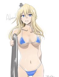 Rule 34 | 1girl, alternate costume, bare shoulders, bikini, blonde hair, blue bikini, blue eyes, breasts, cleavage, commentary request, cowboy shot, headgear, highres, kantai collection, large breasts, long hair, looking at viewer, midriff, navel, solo, swimsuit, tada (tactical tada), warspite (kancolle), white background