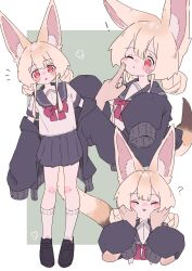 Rule 34 | !, 1girl, 1other, ?, absurdres, animal ear fluff, animal ears, black footwear, black jacket, blonde hair, blush, border, bow, cheek poking, closed eyes, closed mouth, commentary request, disembodied hand, double bun, facing viewer, flower (symbol), fox ears, fox girl, fox tail, green background, grey sailor collar, grey skirt, hair bun, hands on another&#039;s cheeks, hands on another&#039;s face, highres, jacket, jacket partially removed, kneehighs, loafers, long sleeves, megateru, miniskirt, multiple views, nose blush, notice lines, one eye closed, open clothes, open jacket, original, outside border, pleated skirt, poking, puffy long sleeves, puffy sleeves, red bow, red eyes, sailor collar, sailor shirt, school uniform, serafuku, shirt, shirt bow, shoes, short hair, short sleeves, simple background, skirt, sleeve cuffs, sleeves past fingers, sleeves past wrists, socks, standing, tail, white border, white shirt, white socks