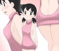 Rule 34 | 1girl, ass, backless dress, backless outfit, black eyes, black hair, breasts, butt crack, dimples of venus, doraemon, dress, highres, meme attire, minamoto shizuka, multiple views, small breasts, sweater, turtleneck, turtleneck sweater, twintails, virgin killer sweater