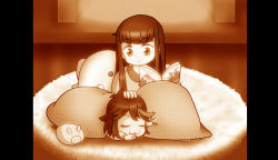 Rule 34 | 10s, 2girls, :3, barefoot, blanket, book, doll, hand in another&#039;s hair, kill la kill, kiryuuin satsuki, long hair, looking down, matoi ryuuko, monochrome, multicolored hair, multiple girls, pillarboxed, rug, sepia, short hair, sleeping, stuffed toy, toes, aged down