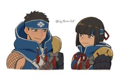 Rule 34 | 1boy, 1girl, armor, asaya minoru, black hair, closed mouth, cropped torso, eye contact, fishnets, grey eyes, kamura (armor), looking at another, monster hunter (series), monster hunter rise, pauldrons, short hair, shoulder armor, simple background, single pauldron, smile, twitter username, upper body, white background