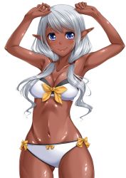 Rule 34 | 1girl, armpits, arms up, bad id, bad nicoseiga id, bare arms, bare shoulders, bikini, blue eyes, bow, breasts, chiro, cleavage, closed mouth, collarbone, dark-skinned female, dark elf, dark skin, elf, eyebrows, front-tie bikini top, front-tie top, hair over shoulder, hair tie, low twintails, medium breasts, navel, original, pointy ears, shiny skin, side-tie bikini bottom, simple background, solo, stomach, swimsuit, twintails, white background, white bikini, yellow bow