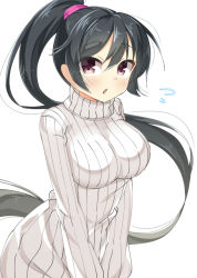 Rule 34 | 10s, 1girl, :o, bad id, bad pixiv id, black hair, kankitsunabe (citrus), kantai collection, long hair, looking at viewer, ponytail, red eyes, ribbed sweater, scrunchie, solo, sweater, turtleneck, upper body, v arms, white background, yahagi (kancolle)