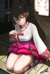 Rule 34 | 1girl, absurdres, ahri (league of legends), animal ears, architecture, arm at side, black hair, breasts, brown hair, closed mouth, dynasty ahri, east asian architecture, facial mark, fox ears, fox tail, hair between eyes, hair ornament, hair stick, hanbok, highres, indoors, kneehighs, korean clothes, leaf, leaf print, league of legends, long sleeves, looking at viewer, looking away, looking to the side, maple leaf, medium breasts, official alternate costume, oz (gerbera7), pink footwear, sash, seiza, shade, shoes, short hair, signature, sitting, socks, solo, table, tail, vase, whisker markings, white socks, wooden floor, yellow eyes